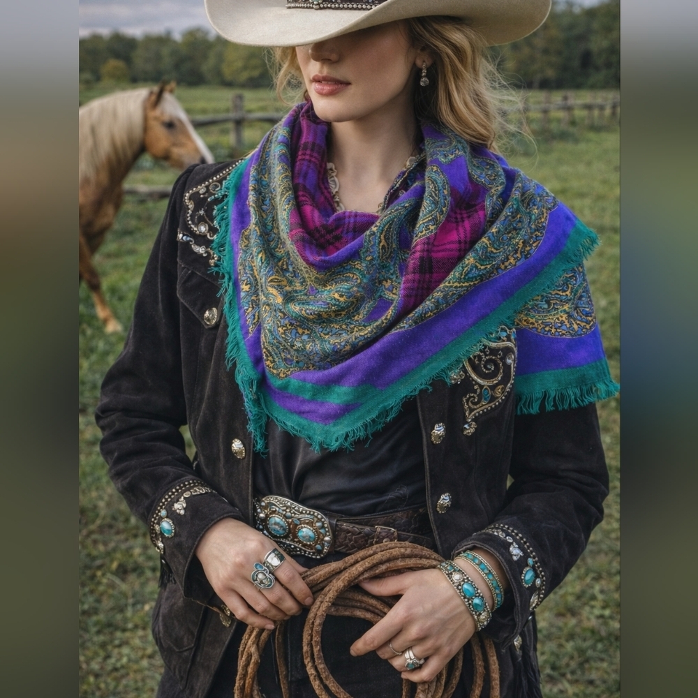 ✨ Vintage Plaid & Paisley Square Scarf Purple • Teal • Gold • 90s Maximalist